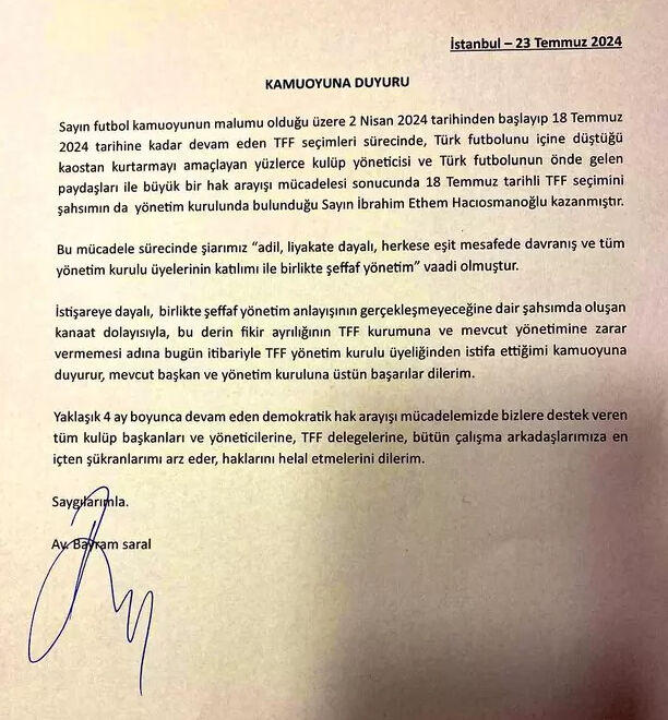 TFF'nin yeni başkanı İbrahim Hacıosmanoğlu'nun listesindeki Bayram Saral istifa etti - 1. Resim