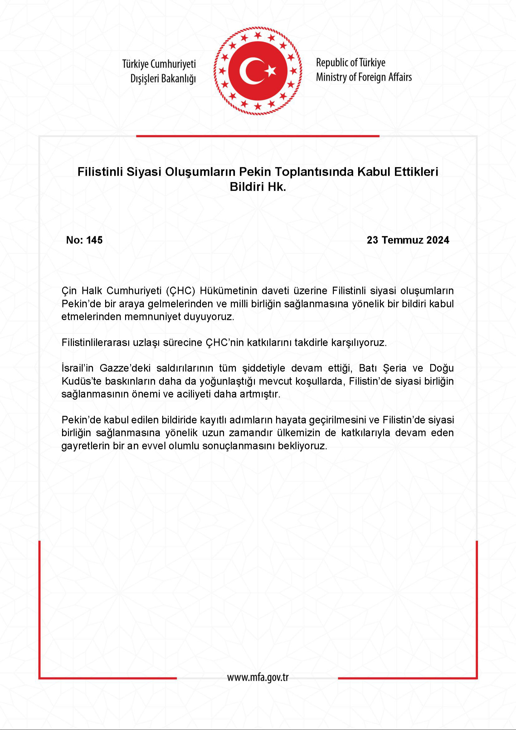 Türkiye'den Çin'e memnuniyet mesajı! Filistin'de milli birlik bildirisi imzalandı Türkiye-Çin ortaklığı! Filistin bildirisi kabul edildi - 1. Resim