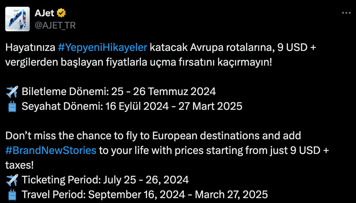 AJet yurt dışına ucuz bilet kampanyası! 25-26 Temmuz aralığında 9 dolar + vergilerle bilet alınıyor A Jet yurt dışına ucuz bilet kampanyası! 25-26 Temmuz aralığında 9 dolar + vergilerle bilet alınıyor - 1. Resim