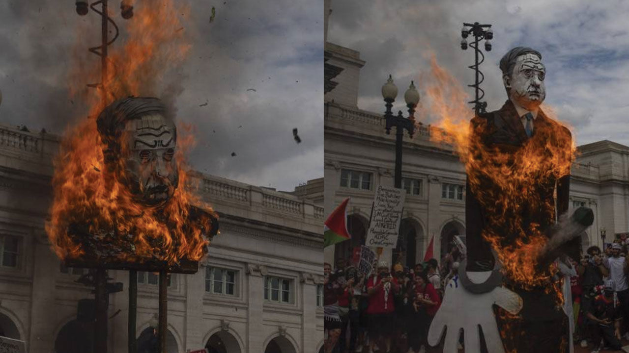 Netanyahu'nun ABD'de kaldığı otele giden protestocular, duvara projeksiyonla 'tutuklayın' sloganını yansıttı - 1. Resim