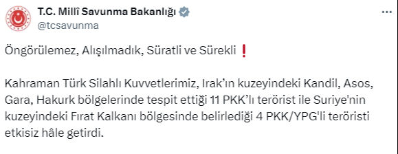 Mehmetçik, Irak'ın ve Suriye'nin kuzeyinde 15 teröristi etkisiz hale getirdi Mehmetçik Irak'ın ve Suriye'nin kuzeyinde 15 teröristi etkisiz hale getirdi - 2. Resim