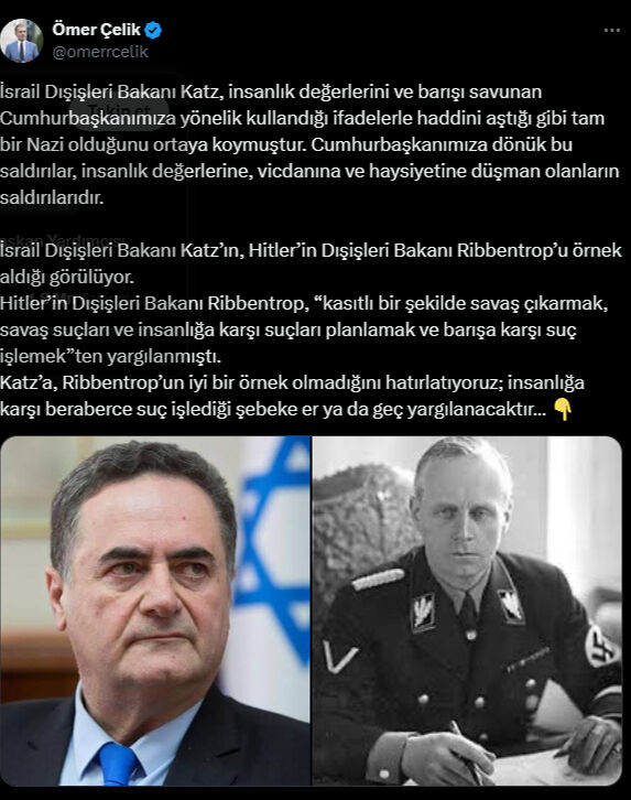 Ömer Çelik'ten İsrailli Bakanın küstah tehdidine 'Nazi'li cevap! Ribbentrop’un iyi bir örnek değil - 1. Resim