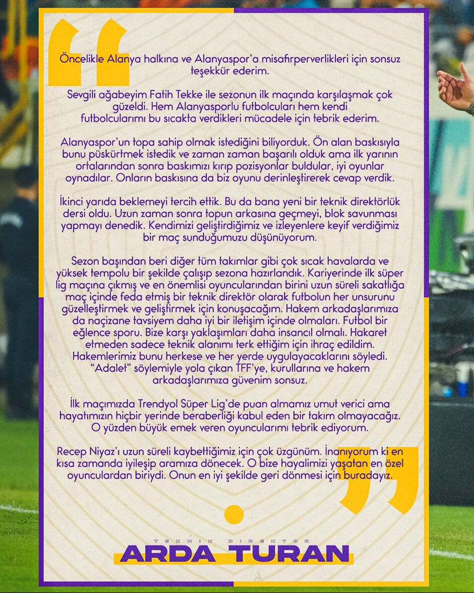 Süper Lig'deki ilk maçında kırmızı kart gören Arda Turan'dan açıklama geldi - 1. Resim