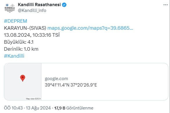 Sivas'ta 4.1'lik deprem! İşte ilk veriler Sivas'ta 4.1'lik deprem! İşte ilk veriler - 2. Resim