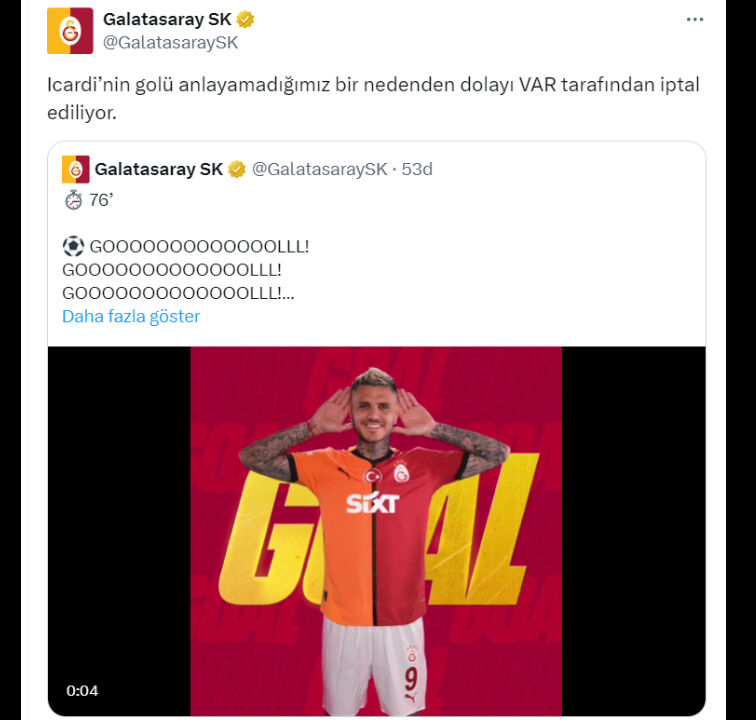 Galatasaray'dan Icardi'nin iptal edilen golüne ilginç tepki! Galatasaray'dan Icardi'nin iptal edilen golüne ilginç tepki! - 1. Resim