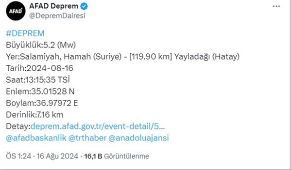 Suriye'de 5.2'lik deprem! Hatay'da da hissedildi Suriye'de 5.2'lik deprem! Hatay'da da hissedildi - 1. Resim