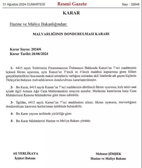 Resmi Gazete'de yayımlandı! Terör örgütü iltisaklı kişi ve kuruluşların malvarlıkları donduruldu - 1. Resim