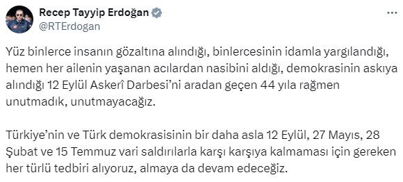 Cumhurbaşkanı Erdoğan'dan 12 Eylül paylaşımı! 28 Şubat ve 15 Temmuz mesajı Cumhurbaşkanı Erdoğan'dan 12 Eylül paylaşımı! 28 Şubat ve 15 Temmuz mesajı - 1. Resim