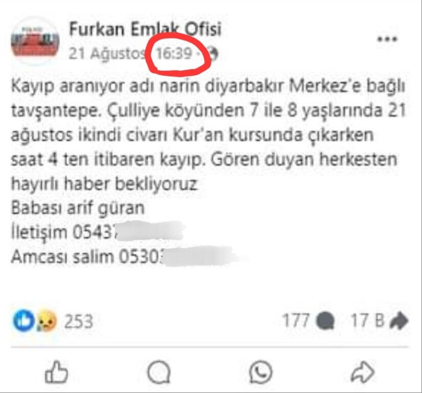 Narin'in kaybolduğu gün paylaşılmış! Aileden kimse bu mesaja açıklık getiremedi - 3. Resim