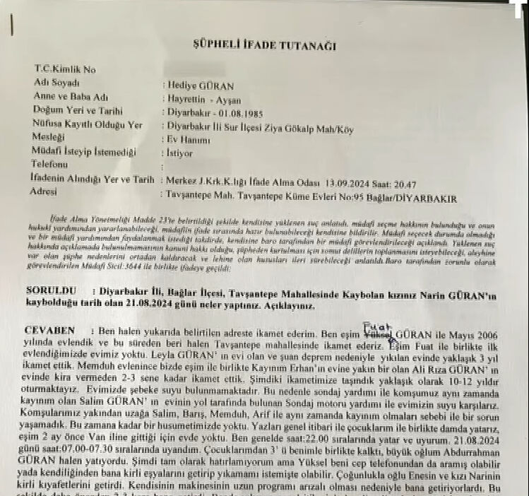 Narin'in yengesi Hediye Güran'ın ifadesi ortaya çıktı - 1. Resim