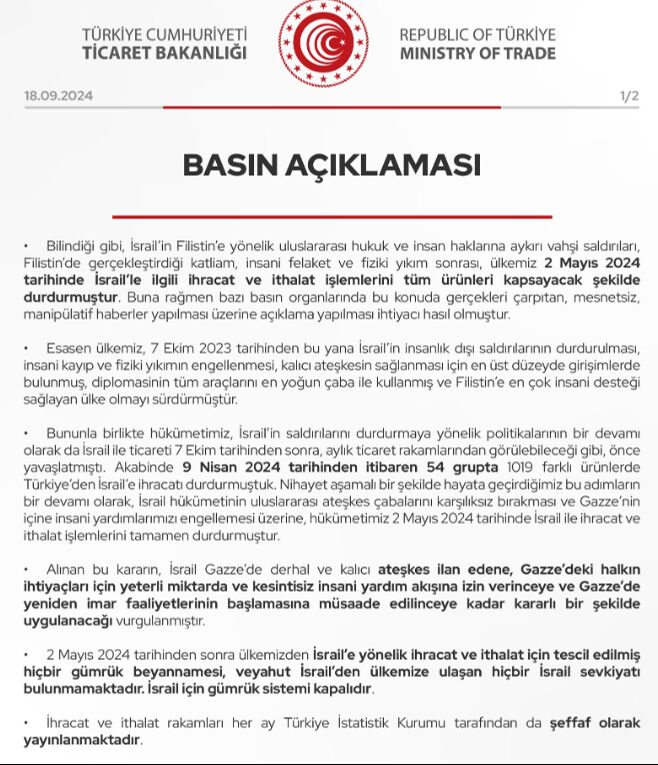 Türkiye'den 'İsrail ile ticaret' iddialarına cevap: İsrail için gümrük sistemi kapalıdır - 1. Resim