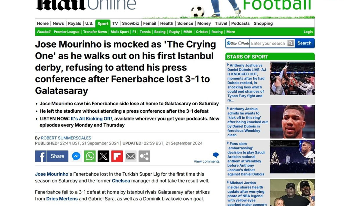 Fenerbahçe-Galatasaray derbisi dünya basınında manşetlere taşındı: Fenerbahçe, Galatasaray karşısında küçük düştü - 3. Resim