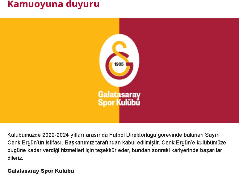 Galatasaray'da ayrılık resmileşti! Cenk Ergün'ün istifası kabul edildi Galatasaray'da ayrılık resmileşti! Cenk Ergün'ün istifası kabul edildi - 1. Resim