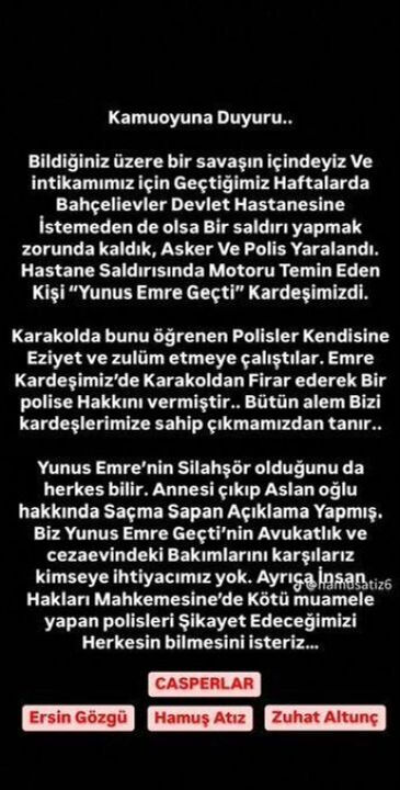 Polis katiline "Casperlar" çetesi sahip çıktı! Paylaşımdaki her cümle skandal Polis katiline "Casperlar" çetesi sahip çıktı! Paylaşımdaki her cümle skandal - 5. Resim