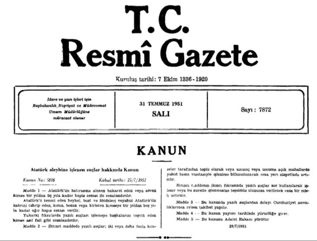 5816 sayılı kanun 25 Temmuz 1951 tarihinde kabul edildi  5816 sayılı kanun 25 Temmuz 1951 tarihinde kabul edildi  - 1. Resim