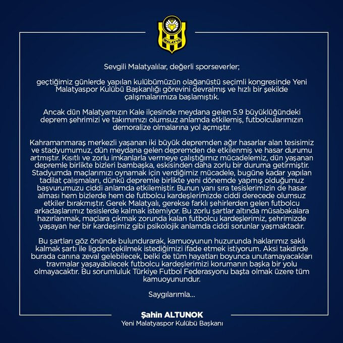 5.9'luk depremin ardından Yeni Malatyaspor'dan flaş talep!  5.9'luk depremin ardından Yeni Malatyaspor'dan flaş talep!