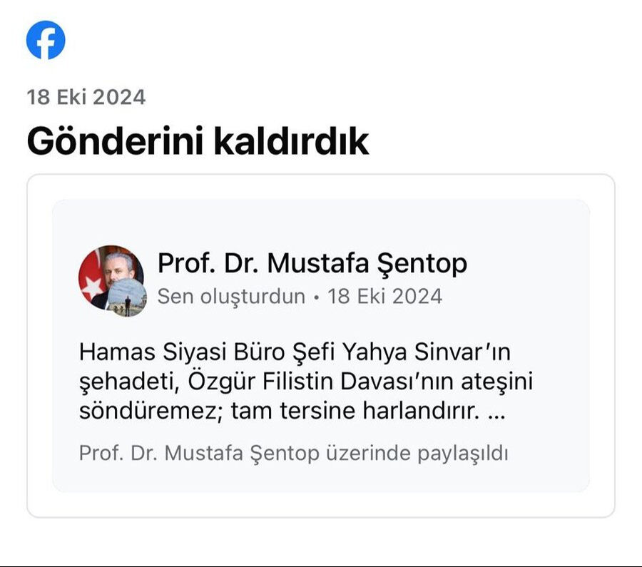 Meta'dan Yahya Sinvar sansürü! Facebook Mustafa Şentop'un taziye paylaşımını sildi Meta'dan Yahya Sinvar sansürü! Facebook Mustafa Şentop'un taziye paylaşımını sildi - 1. Resim