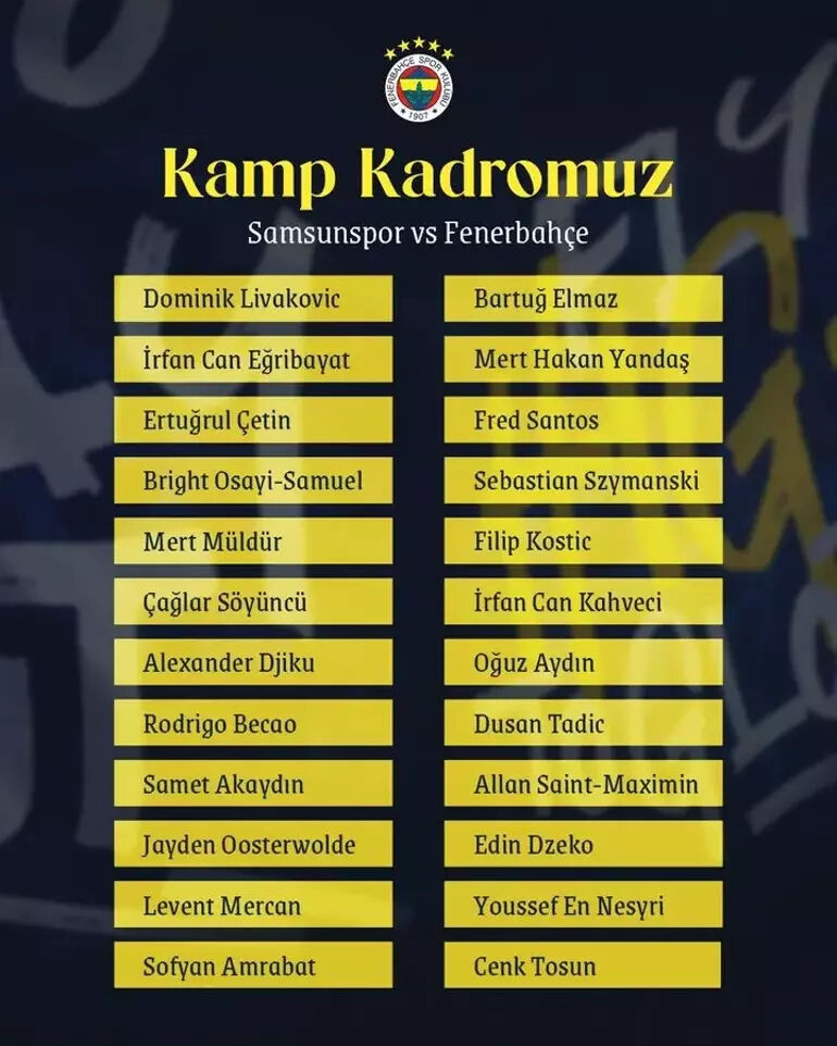 Fenerbahçe'nin Samsunspor maçı kadrosu açıklandı 2 yıldız kadroda yok - 2. Resim