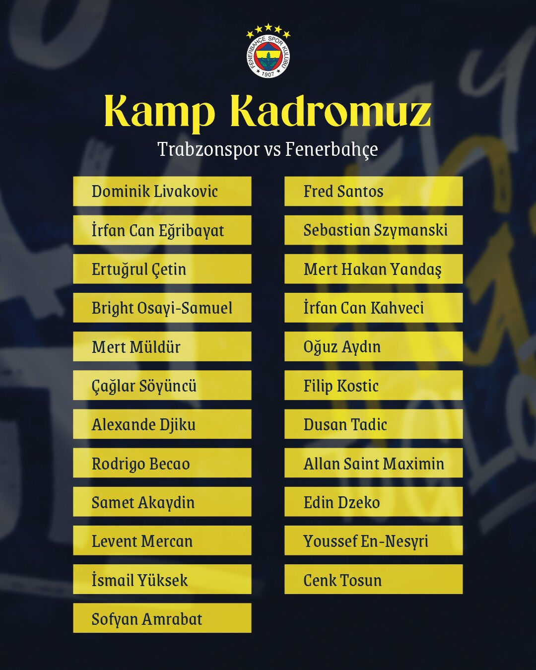 Fenerbahçe'nin, Trabzonspor maçı kamp kadrosu belli oldu! - 1. Resim