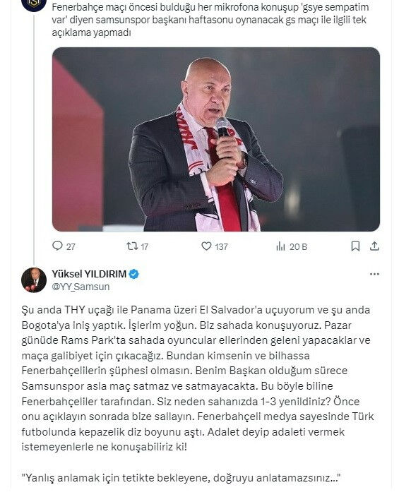 Samsunspor Başkanı Yüksel Yıldırım'dan Fenerbahçelileri kızdıracak sözler!  Samsunspor Başkanı Yüksel Yıldırım'dan Fenerbahçelileri kızdıracak sözler!