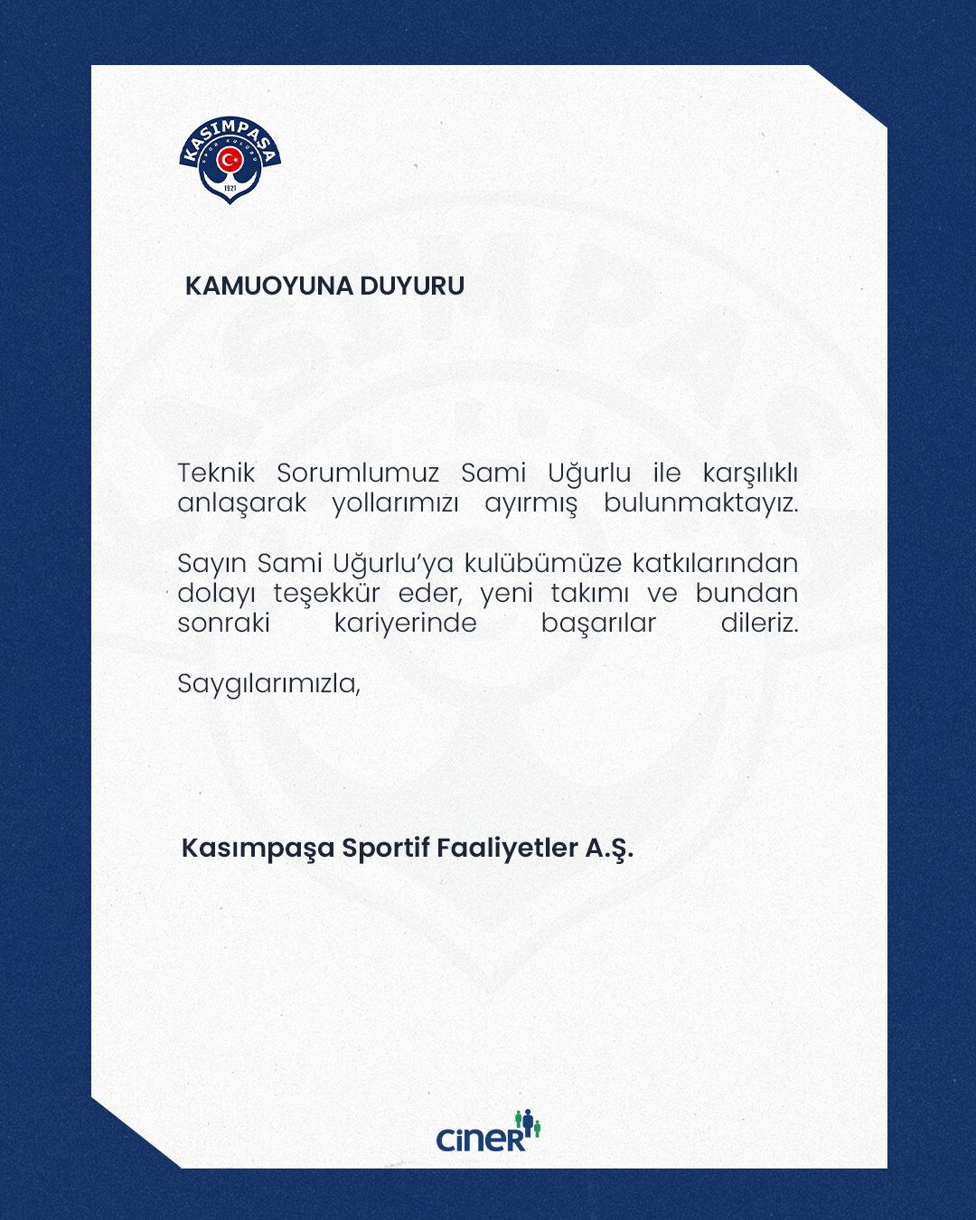 Kasımpaşa, teknik direktör Sami Uğurlu ile yollarını ayırdığını duyurdu! Kasımpaşa, teknik direktör Sami Uğurlu ile yollarını ayırdığını duyurdu! - 2. Resim