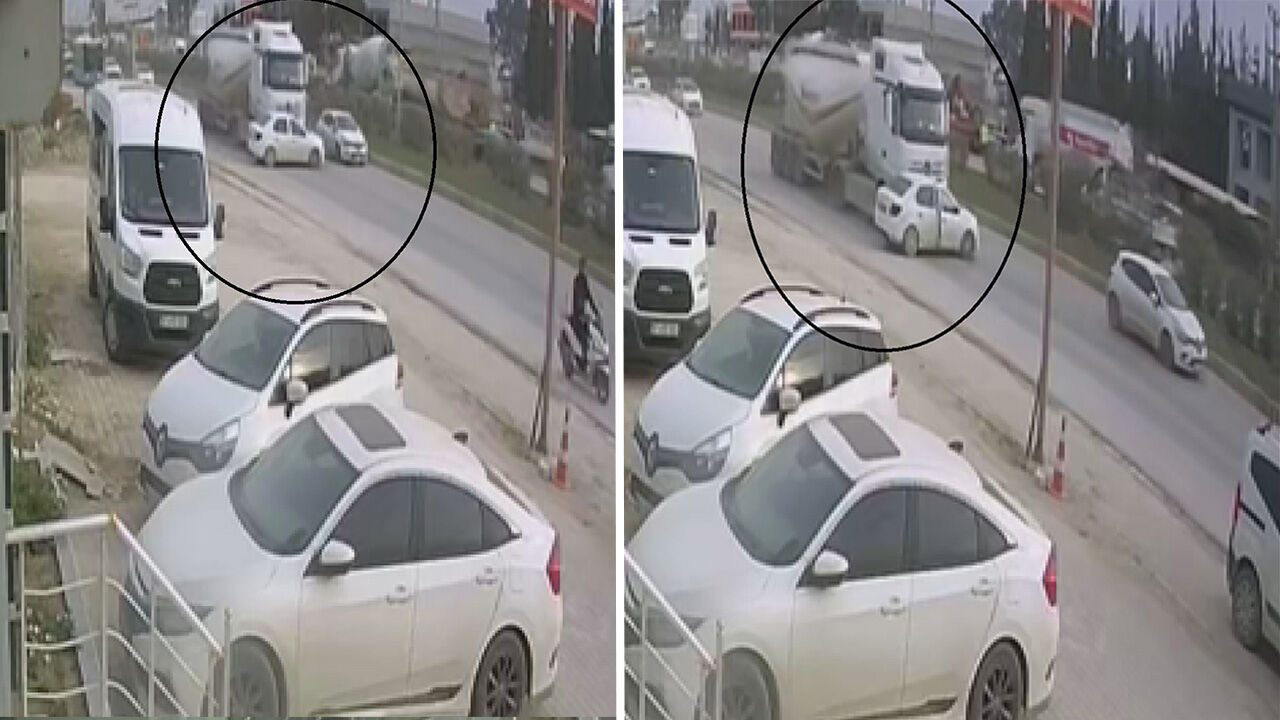 Film sahnesini aratmayan korku dolu dakikalar! Hatay'da beton mikseri otomobili metrelerce sürükledi Film sahnesini aratmayan korku dolu dakikalar! Hatay'da beton mikseri otomobili metrelerce sürükledi - 2. Resim