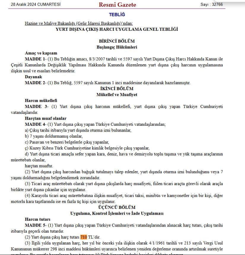 Resmi Gazete'de yayımlanan kararla yurt dışına çıkış harcı 710 TL oldu - 1. Resim
