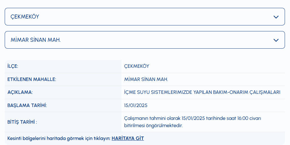 İstanbul Çekmeköy, Eyüpsultan su kesintisi ne zaman bitecek? İSKİ arıza sorgulama üzerinden belli oldu İstanbul Çekmeköy, Eyüpsultan su kesintisi ne zaman bitecek? İSKİ arıza sorgulama üzerinden belli oldu - 2. Resim