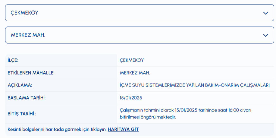 İstanbul Çekmeköy, Eyüpsultan su kesintisi ne zaman bitecek? İSKİ arıza sorgulama üzerinden belli oldu İstanbul Çekmeköy, Eyüpsultan su kesintisi ne zaman bitecek? İSKİ arıza sorgulama üzerinden belli oldu - 1. Resim