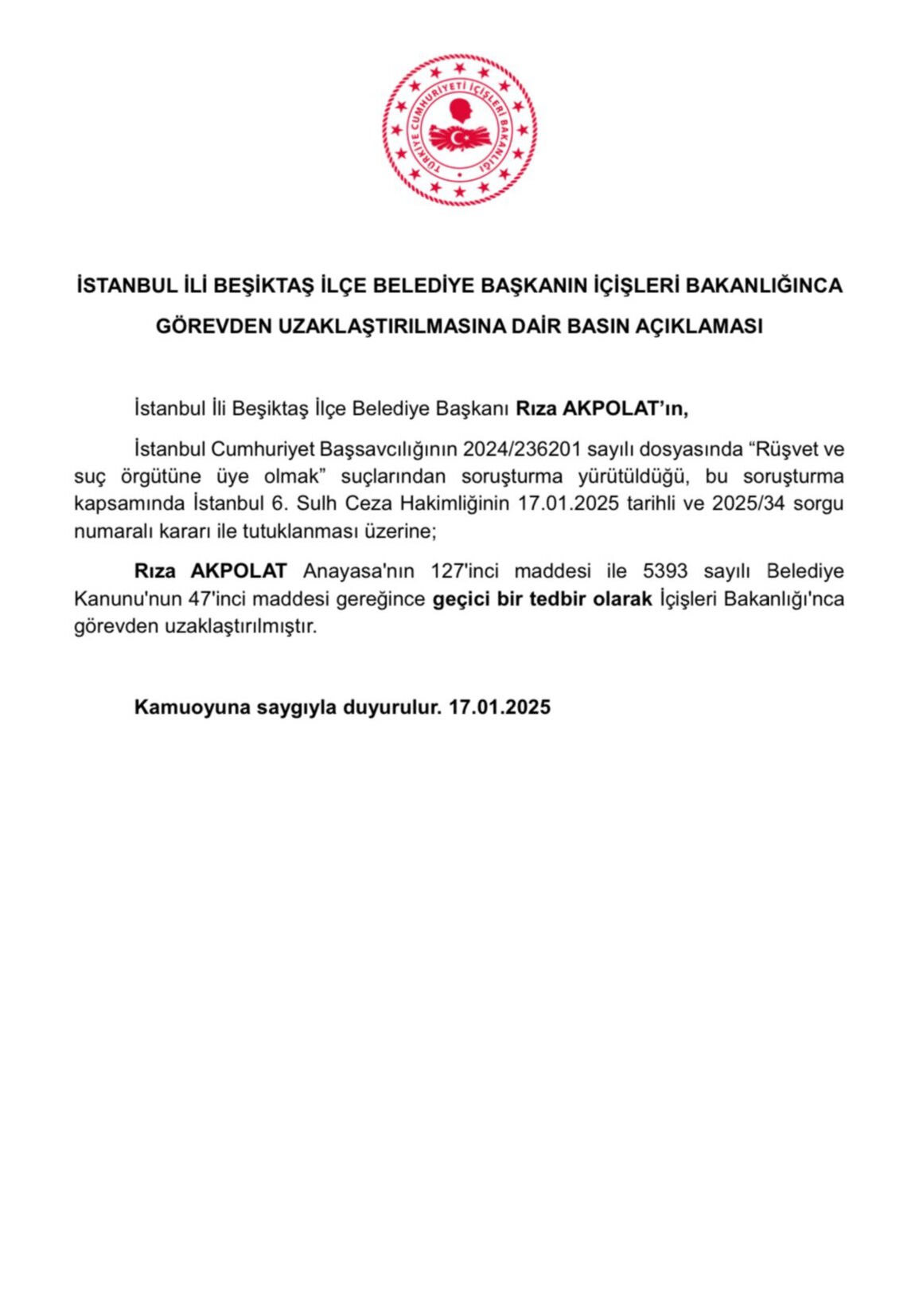 İçişleri Bakanlığı duyurdu! CHP'li Beşiktaş Belediye Başkanı Rıza Akpolat görevden uzaklaştırıldı İçişleri Bakanlığı duyurdu! Tutuklanan Beşiktaş Belediye Başkanı Rıza Akpolat görevden uzaklaştırıldı - 5. Resim