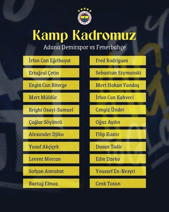 Yıldız oyuncu kadroda yok! Fenerbahçe'nin Adana Demirspor maçı kadrosu açıklandı - 1. Resim