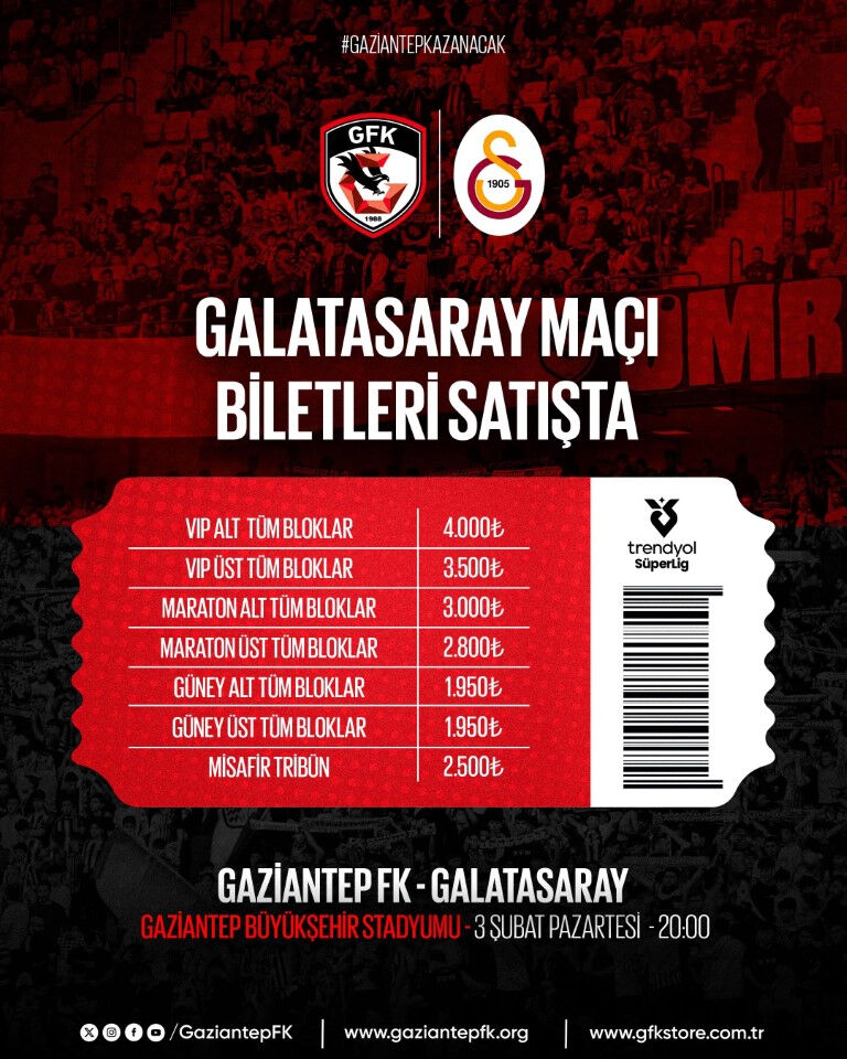 Gaziantep FK - Galatasaray maçı bilet fiyatları ne kadar, kaç TL? Gaziantep GS maç biletleri satışa çıktı - 1. Resim