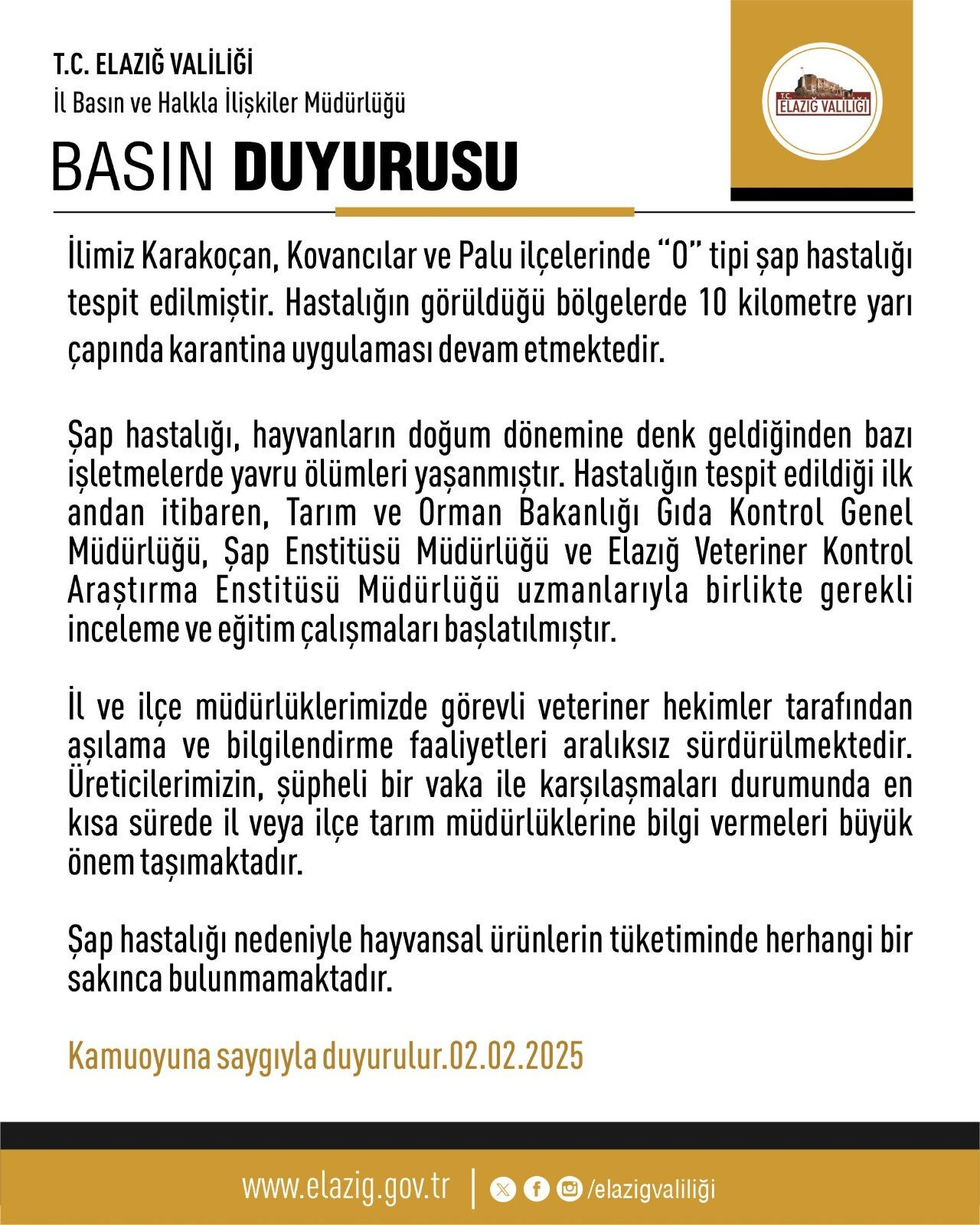 Elazığ Valiliği duyurdu! Hastalık tespit edildi, karantina uygulanacak - 1. Resim