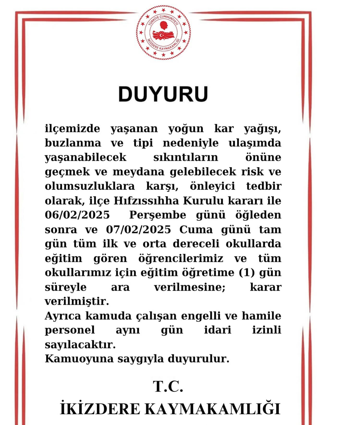 Rize İkizdere'de yarın okullar tatil mi? 7 Ocak Cuma günü için kaymakamlıktan tatil açıklaması! Rize İkizdere'de yarın okullar tatil mi? 7 Ocak Cuma günü için kaymakamlıktan tatil açıklaması! - 2. Resim