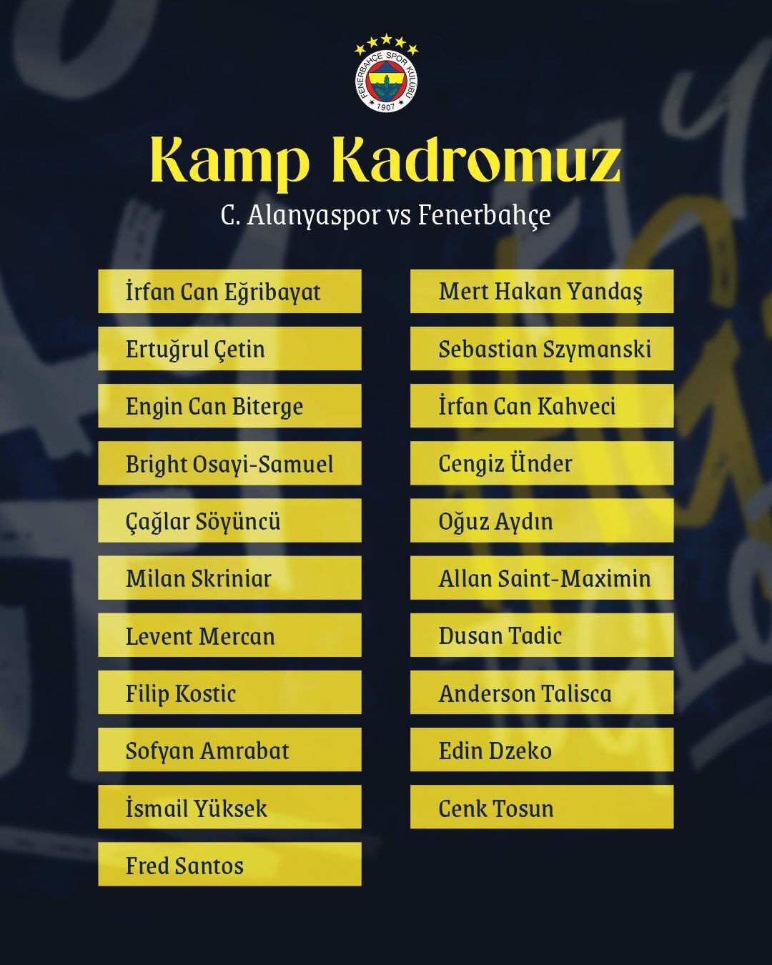 Fenerbahçe, Alanyaspor maçının kamp kadrosunu açıkladı Fenerbahçe, Alanyaspor maçının kamp kadrosunu açıkladı - 1. Resim