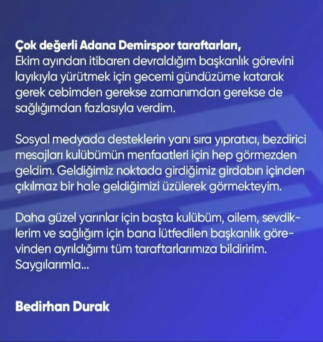 Bedirhan Durak kimdir? Adana Demirspor başkanı istifa etme nedeni Bedirhan Durak kimdir? Adana Demirspor başkanı istifa etme nedeni - 2. Resim