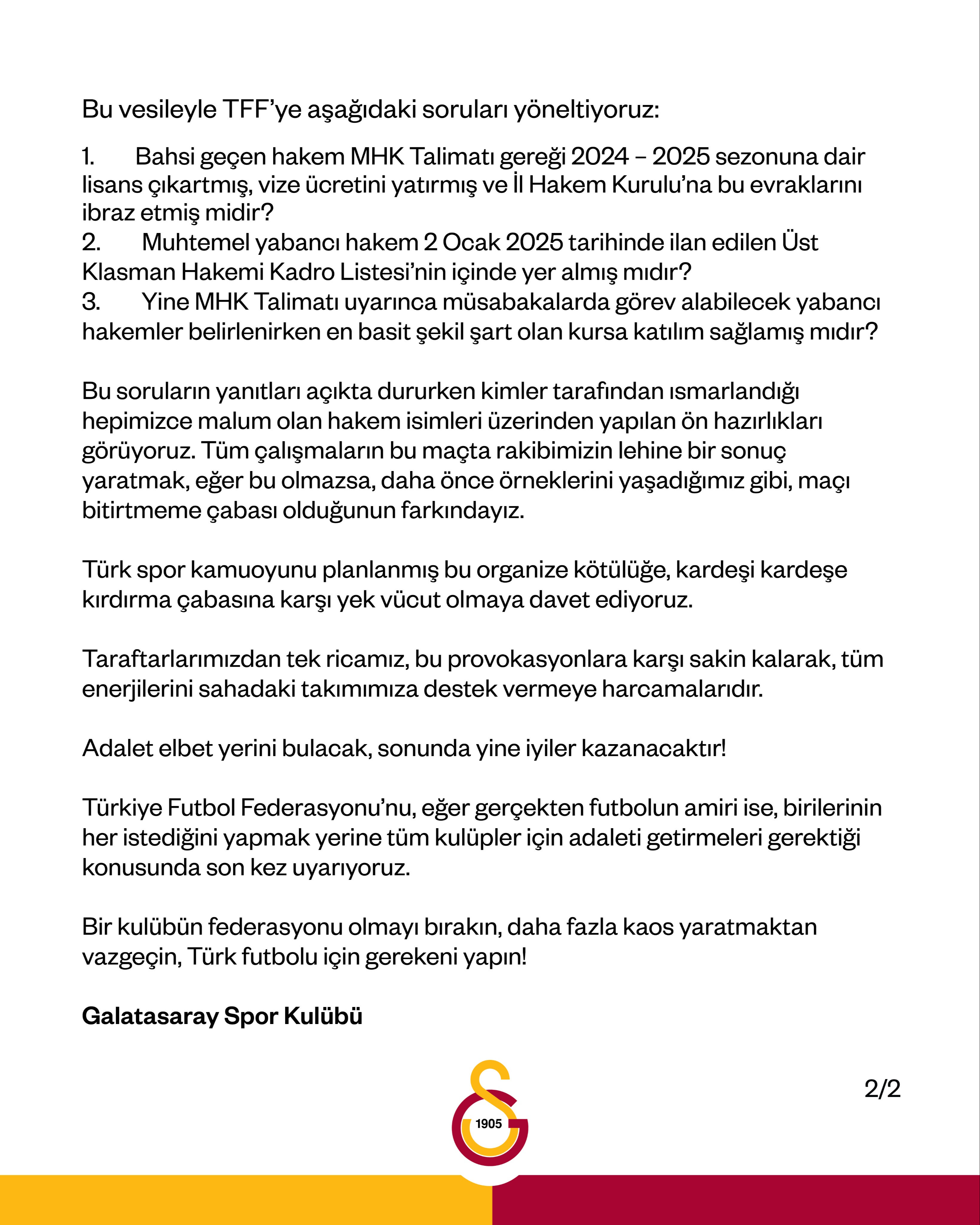 Galatasaray'dan TFF'ye çok sert tepki! 3 sorunun cevabını istediler - 2. Resim