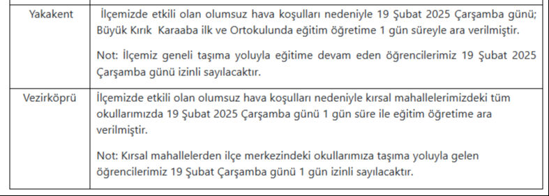 Samsun'da okullar tatil mi 19 Şubat? İl Milli Eğitim Müdürlüğü 19 Şubat Çarşamba günü tatil olan yerleri açıkladı - 5. Resim