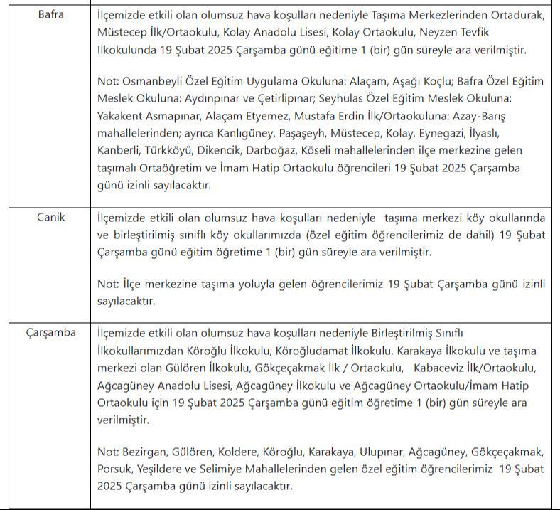 Samsun'da okullar tatil mi 19 Şubat? İl Milli Eğitim Müdürlüğü 19 Şubat Çarşamba günü tatil olan yerleri açıkladı - 3. Resim