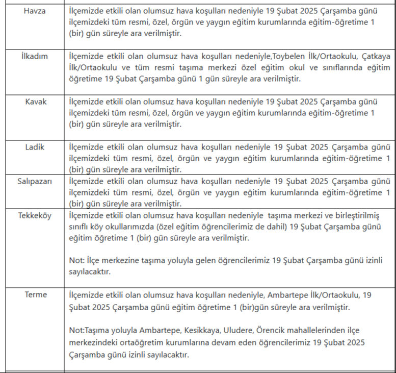 Samsun'da okullar tatil mi 19 Şubat? İl Milli Eğitim Müdürlüğü 19 Şubat Çarşamba günü tatil olan yerleri açıkladı - 4. Resim
