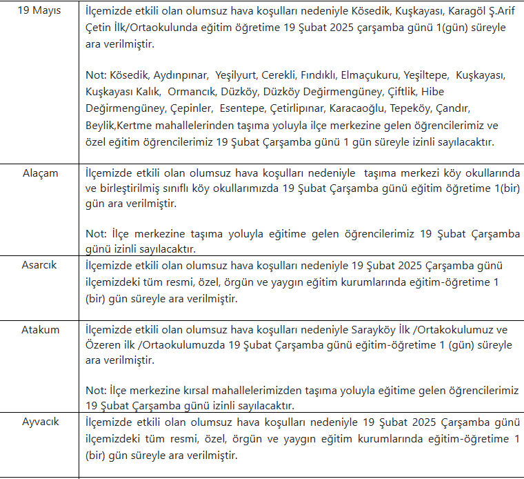 Samsun'da okullar tatil mi 19 Şubat? İl Milli Eğitim Müdürlüğü 19 Şubat Çarşamba günü tatil olan yerleri açıkladı - 2. Resim