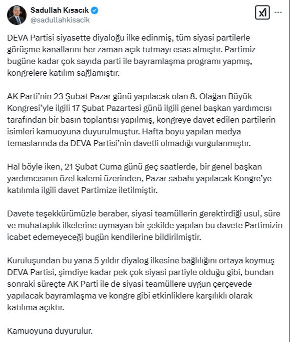 DEVA Partisi, AK Parti Kongresine katılmayacağını açıkladı DEVA Partisi, AK Parti Kongresine katılmayacağını açıkladı - 3. Resim