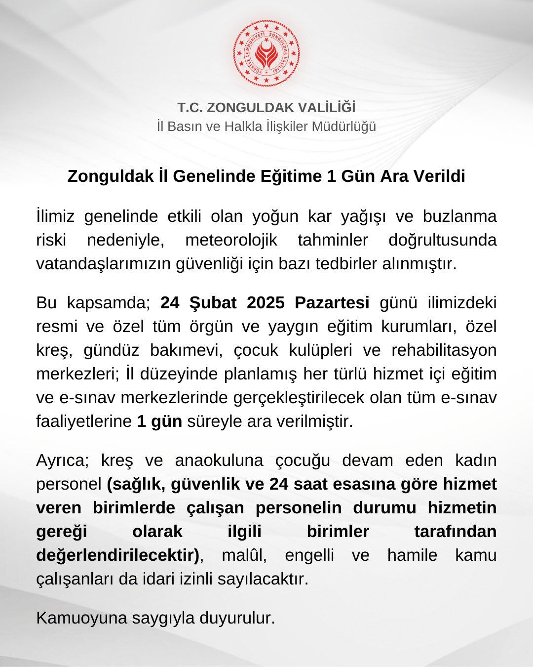 Zonguldak okullar tatil mi? 24 Şubat Valilik açıklamasıyla netleşti Zonguldak okullar tatil mi? 24 Şubat Valilik açıklamasıyla netleşti - 2. Resim