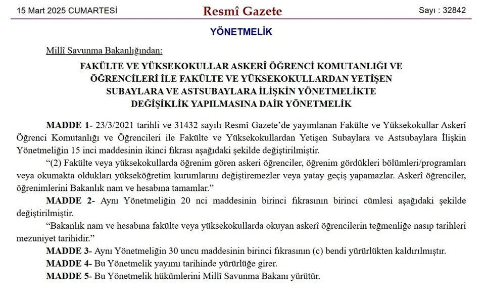 Askeri öğrencilere yatay geçiş yasağı! Resmi Gazete'de yayımlandı Askeri öğrencilere yatay geçiş yasağı! Resmi Gazete'de yayımlandı - 1. Resim