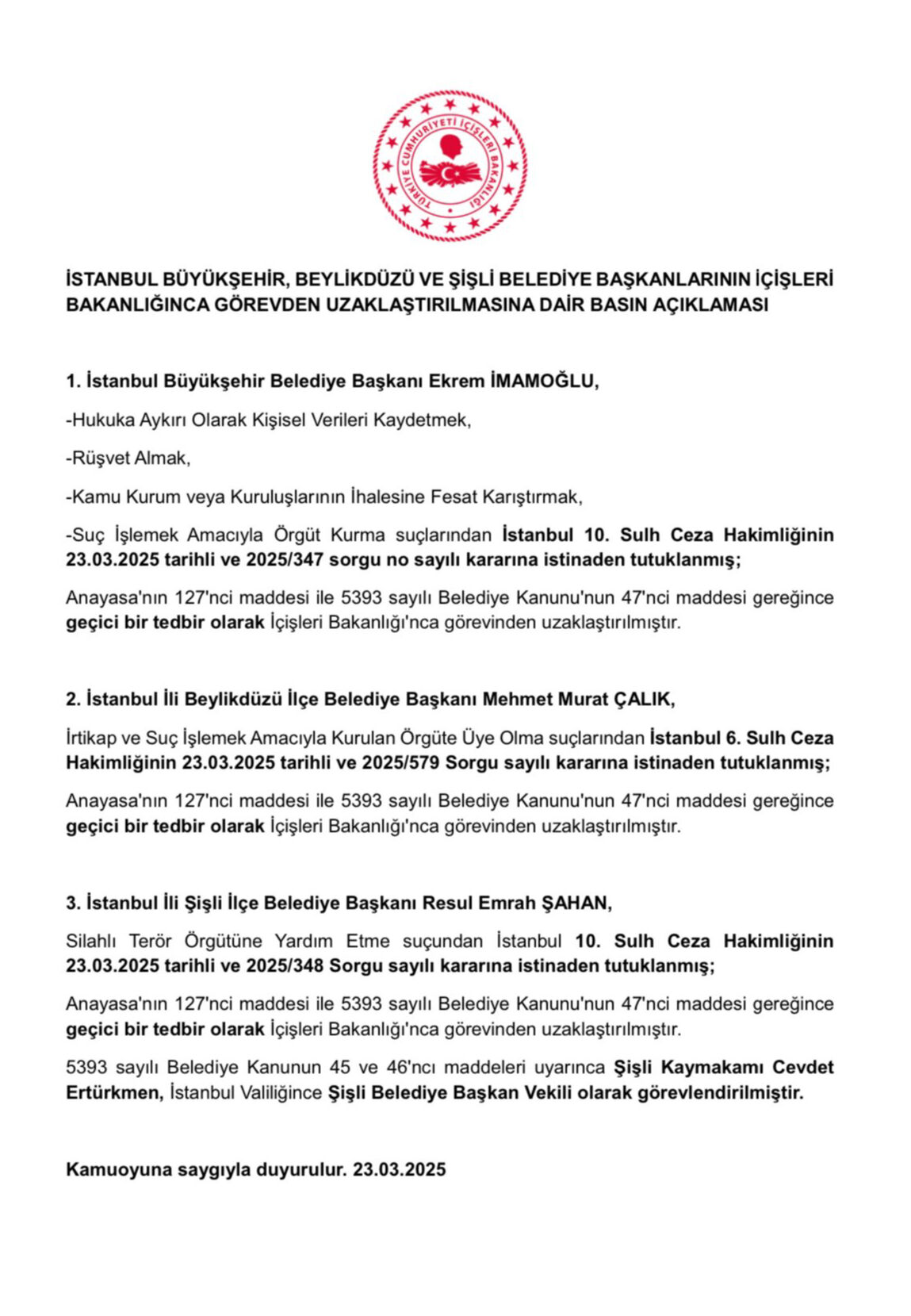 İçişleri Bakanlığı duyurdu! Ekrem İmamoğlu görevden uzaklaştırıldı İçişleri Bakanlığı duyurdu! Ekrem İmamoğlu görevden uzaklaştırıldı - 1. Resim