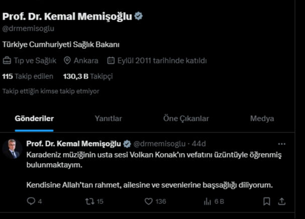 Sağlık Bakanı Prof. Dr. Kemal Memişoğlu'ndan Volkan Konak paylaşımı:  Sağlık Bakanı Prof. Dr. Kemal Memişoğlu'ndan Volkan Konak paylaşımı: