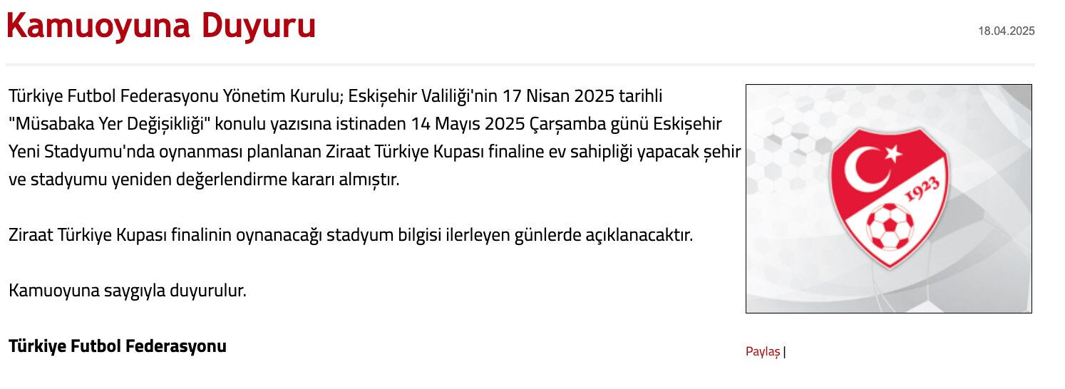 Türkiye Kupası finali ile ilgili flaş karar! Stadyum yeniden belirlenecek Türkiye Kupası finali ile ilgili flaş karar! Stadyum yeniden belirlenecek - 1. Resim