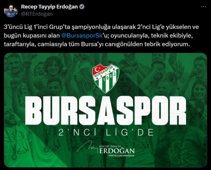 Bursaspor şampiyonluk kupasını kaldırdı! Cumhurbaşkanı Erdoğan'dan tebrik mesaj - 2. Resim