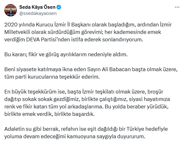 DEVA Partisi İzmir Milletvekili Seda Kaya Ösen istifa etti - 1. Resim