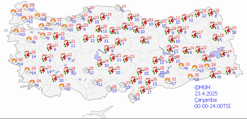 Meteoroloji'den 8 kente sarı kodlu uyarı! Kuvvetli sağanak, fırtına, toz taşınımı... 23 Nisan 2025 MGM hava durumu tahmin haritası